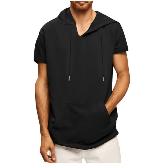 YLSDY Mens Short Sleeve Hoodie Workout Gym Sweatshirts Casual Lightweight Athletic Muscle Hoodies Pullover Cotton Hooded T-Shirts Black M