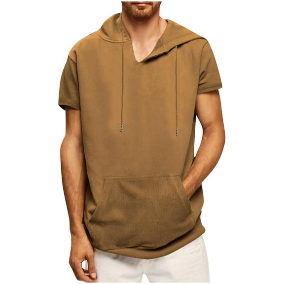 YLSDY Mens Short Sleeve Hoodie Workout Gym Sweatshirts Casual Lightweight Athletic Muscle Hoodies Pullover Cotton Hooded T-Shirts Coffee XXL