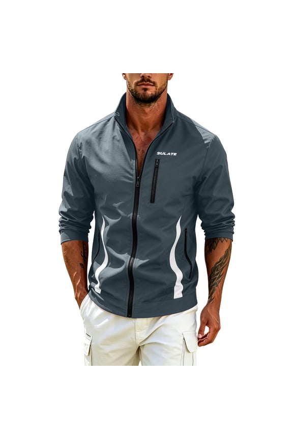 Mens Sports Jacket Slim Short Stand Collar Zip Outer Coat, Vertical Contrast Stripe Side Pockets for Park Jogging Weekend Outings Gray XL