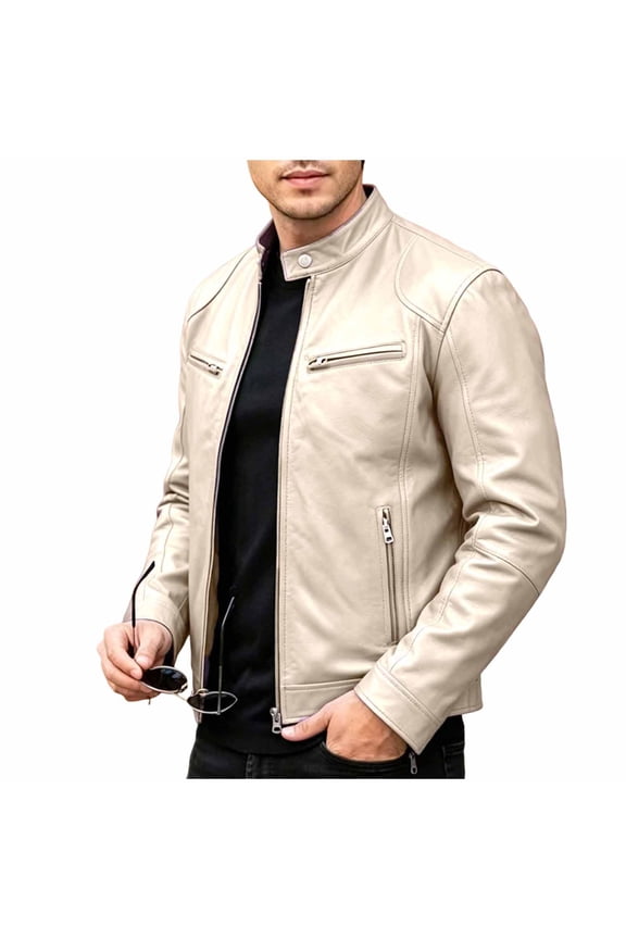 Mens Stand Collar Leather Jacket Men Short Full Zip Outer Coat, Multi Zip Chest Pockets Slim Fit for Daily Errands Motorcycle Riding Beige S