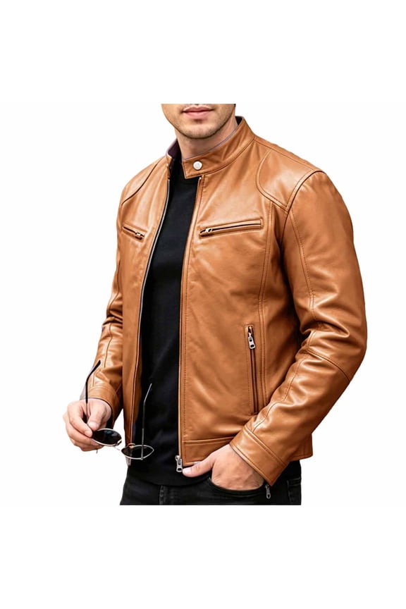 Mens Stand Collar Leather Jacket Men Short Full Zip Outer Coat, Multi Zip Chest Pockets Slim Fit for Daily Errands Motorcycle Riding Khaki S