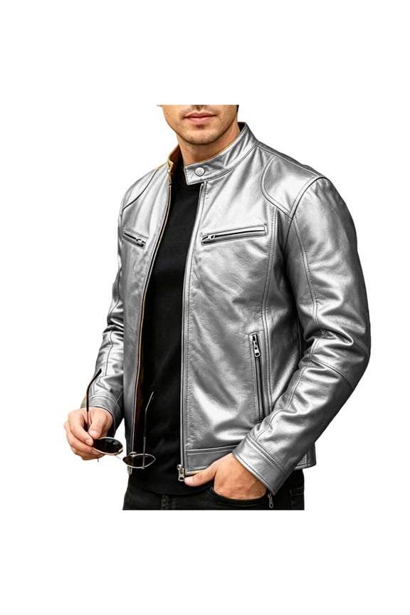 Mens Stand Collar Leather Jacket Men Short Full Zip Outer Coat, Multi Zip Chest Pockets Slim Fit for Daily Errands Motorcycle Riding Silver S