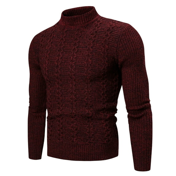YLSDY Mens Stand Collar Pullover Sweater Fall Cable Knitted Chunky Winter Fashion Slim Fit Thermal Sweaters Wine XL