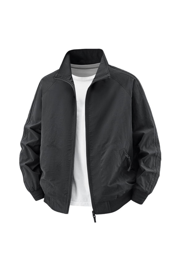 Mens Stitched Seam Stand Collar Bomber Jacket Men Short Zip Outer Coat, Ribbed Hem Dual Side Pockets for All Season Casual Wear Black XXXXXL