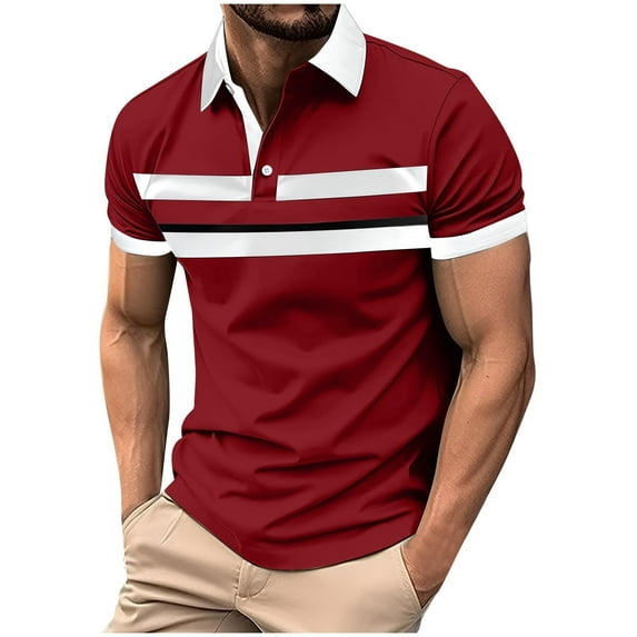 YLSDY Mens Striped Golf Shirt Moisture Wicking Quick-Dry Sports Button Collared Shirts Color Block Patchwork Printing Button Collareds Pullover Red XL