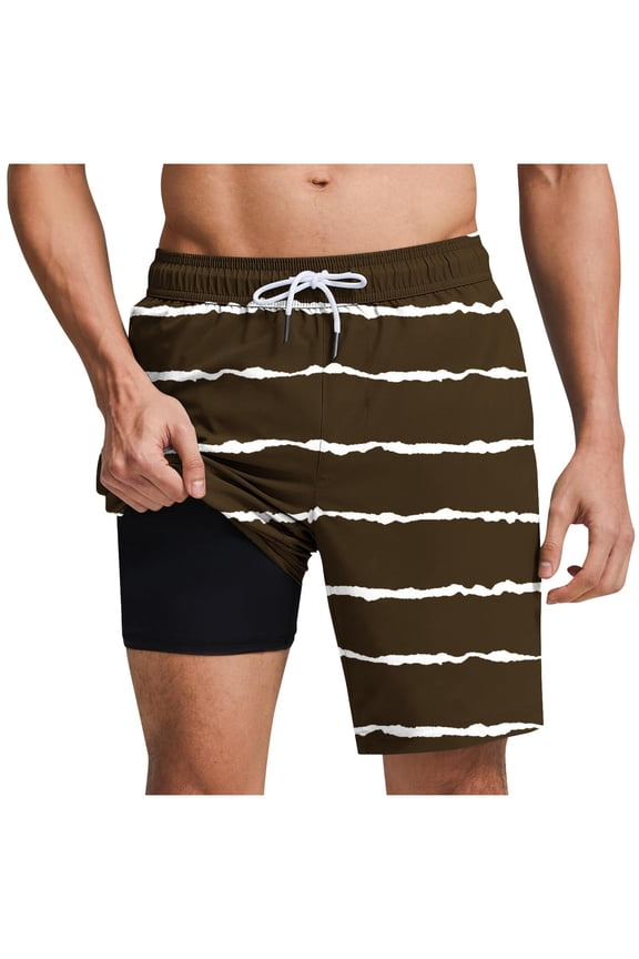Mens Striped Swim Trunks Compression Liner Swim Shorts Quick Dry Bathing Suit with Boxer Brief Swimwear Brown XL