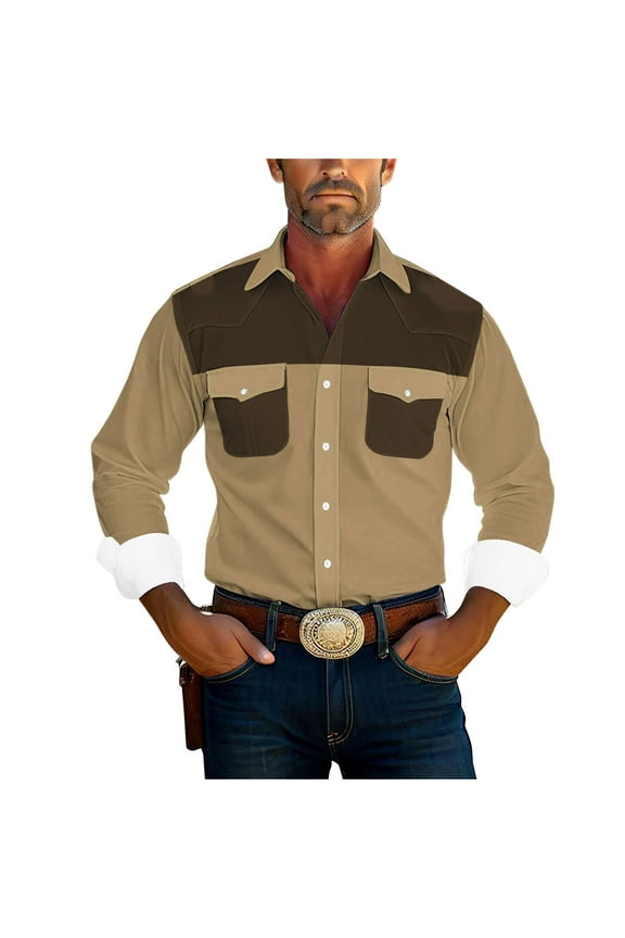 Mens Stylish Shirts Long Sleeve Button Up Work Pearl Snap Shirts Stretch Gothic Collared Cowboy Vintage 80s Outfits Khaki XXXXL