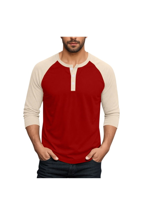 Mens Summer Fall Henley Shirts Raglan 3/4 Sleeve Jersey Baseball T-Shirts Casual Workout Sport Athletic Tee Tops Red XXL