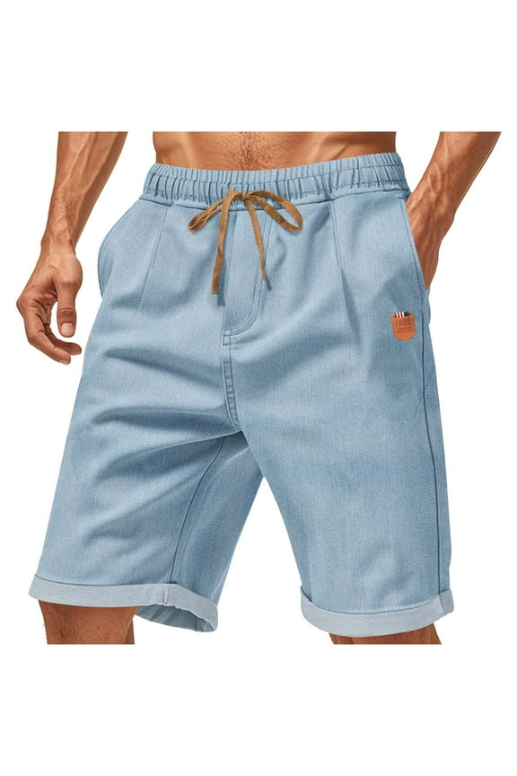 Mens Summer Shorts Casual 7" Inseam Cotton Drawstring Elastic Waist Beach Stretch Golf Work Shorts with Pockets Light Blue S