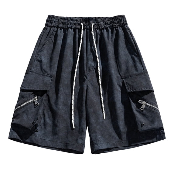 YLSDY Mens Summer Shorts Elastic Waist Drawstring Beach Shorts Summer Wide Leg Cargo Trunks with Zipper Pockets Black XXL
