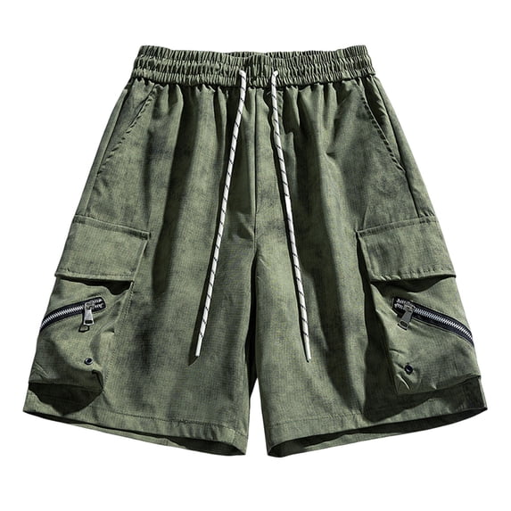YLSDY Mens Summer Shorts Elastic Waist Drawstring Beach Shorts Summer Wide Leg Cargo Trunks with Zipper Pockets Green XL