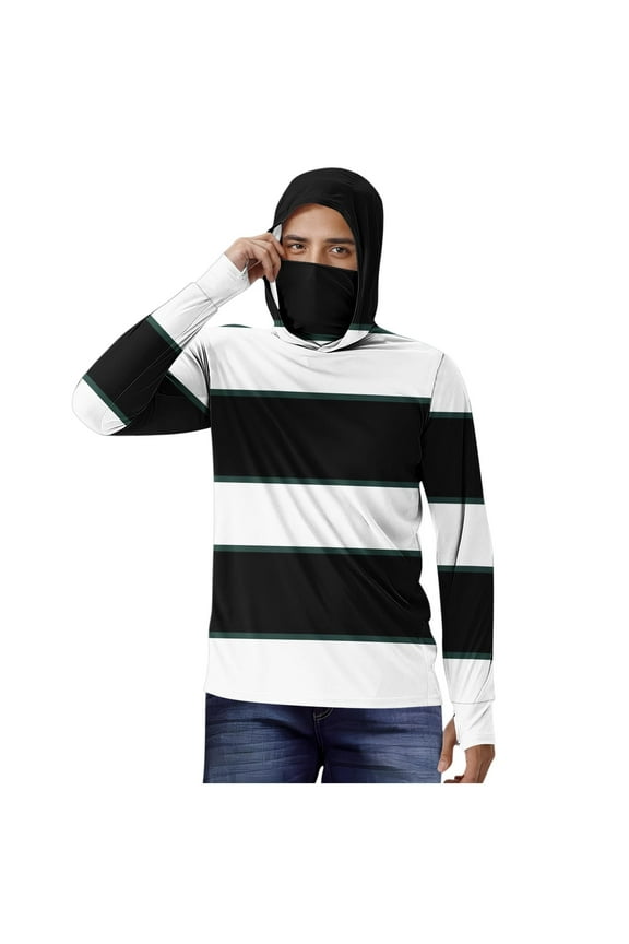 Mens Sun Protection Hoodie Shirt Fishing Sun Striped Shirts with Face Mask Long Sleeve UPF 50+ Light Quick Dry Hooded Black XL