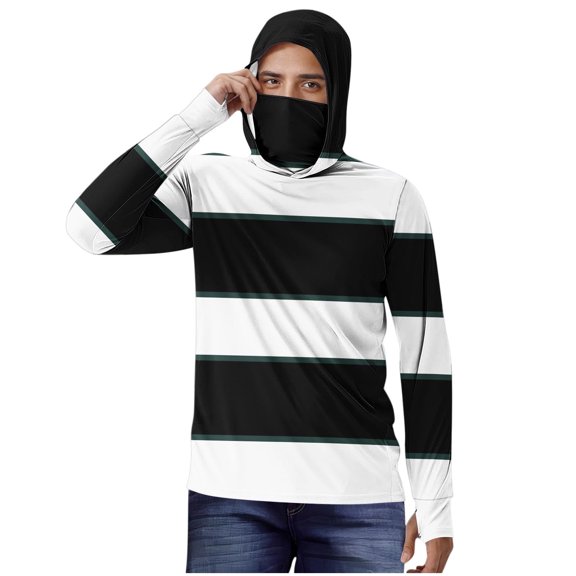 YLSDY Mens Sun Protection Hoodie Shirt Fishing Sun Striped Shirts with Face Mask Long Sleeve UPF 50+ Light Quick Dry Hooded Black XXL