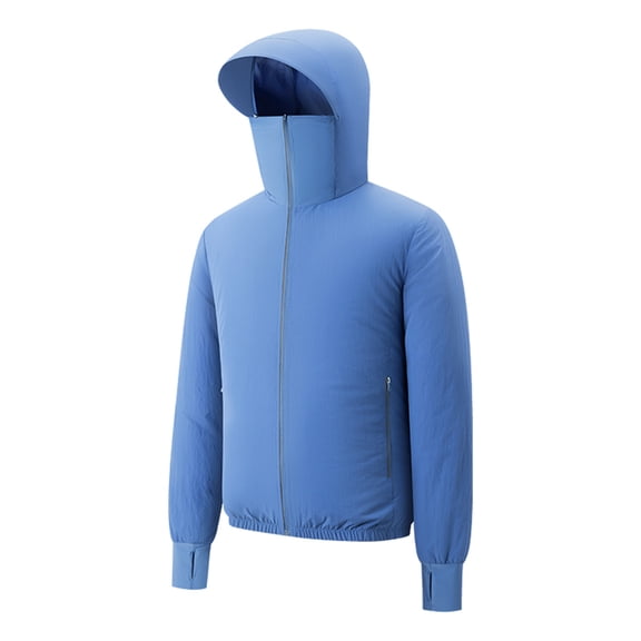 YLSDY Mens Sun Protection Shell Jacket Slim Short Full Hooded Zip Outer Coat, Integrated Face Cover Thumb Cuffs Packable Design for Cycling Mountain Trails Blue M