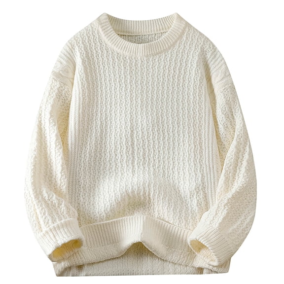 YLSDY Mens Sweater Long Sleeve Crewneck Loose Fit Casual Sweaters Twisted Knitted Pullovers Basic Warm Fall Winter White L