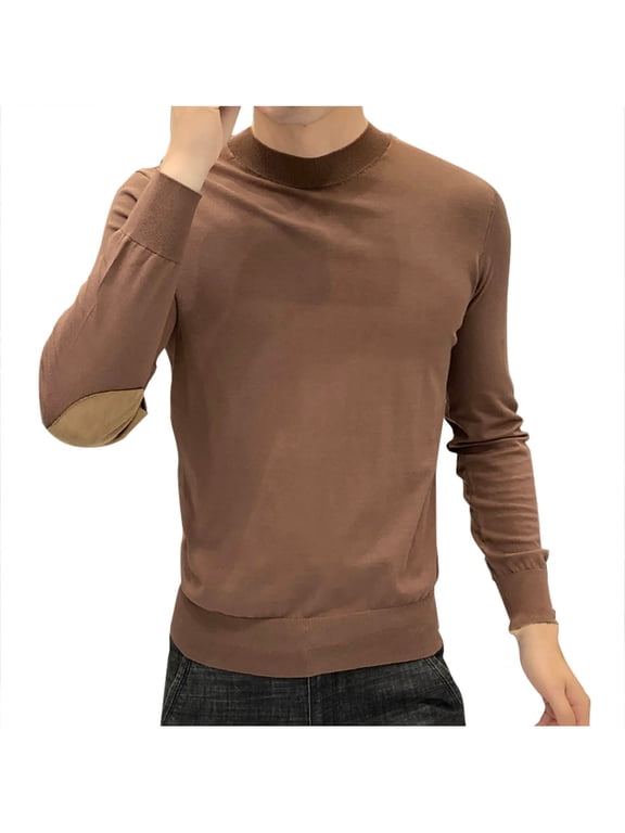 Mens Sweater with Elbow Patches Crew Neck Pullover Sweater Plus Size Knit Sweater Casual Long Sleeve Sweaters Coffee XXL