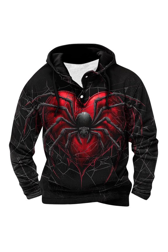 Mens Sweatshirts Red Heart Web Black Spider Dark Theme Graphic Henley Hoodie Adjustable Drawstring Oversized Pullover Wine XXXL
