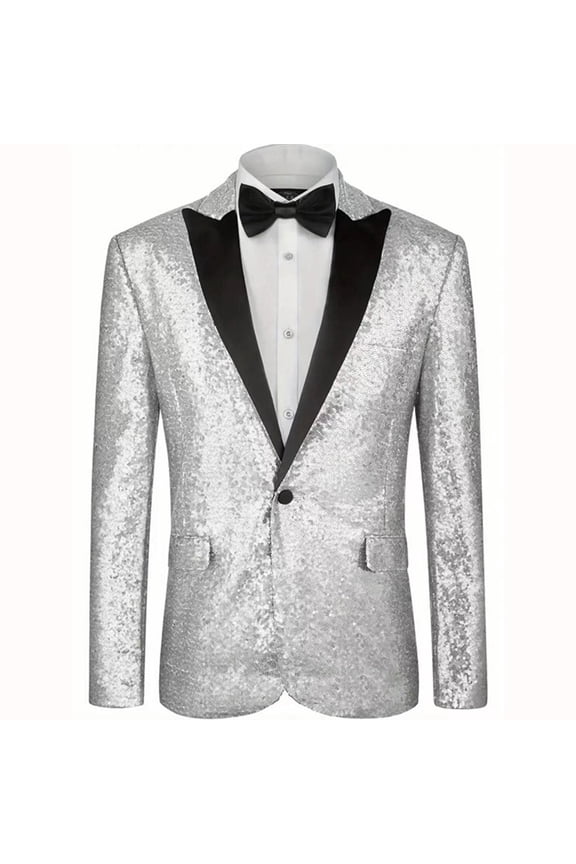 Mens Tails Slim Fit Tailcoat Sequin Dress Coat Collared Swallowtail Dinner Party Wedding Blazer Suit Jacket Silver S