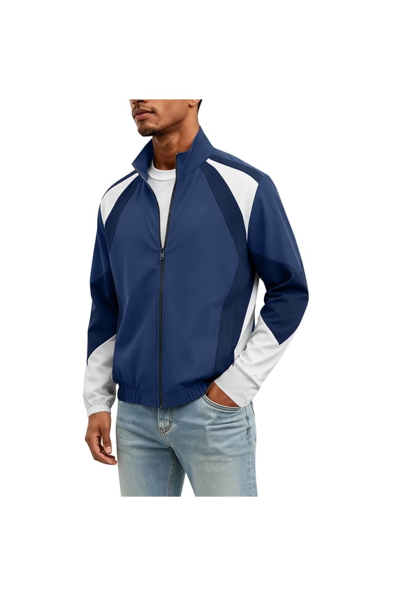 Mens Track Bomber Jacket Athletic Slim Short Stand Collar Full Zip Outer Coat, Ribbed Hem Cuffs Geometric Panel Design for Gym Runs Daily Commutes Blue S