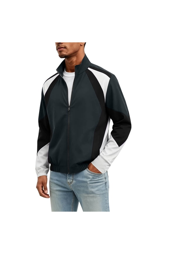 Mens Track Bomber Jacket Athletic Slim Short Stand Collar Full Zip Outer Coat, Ribbed Hem Cuffs Geometric Panel Design for Gym Runs Daily Commutes Black S