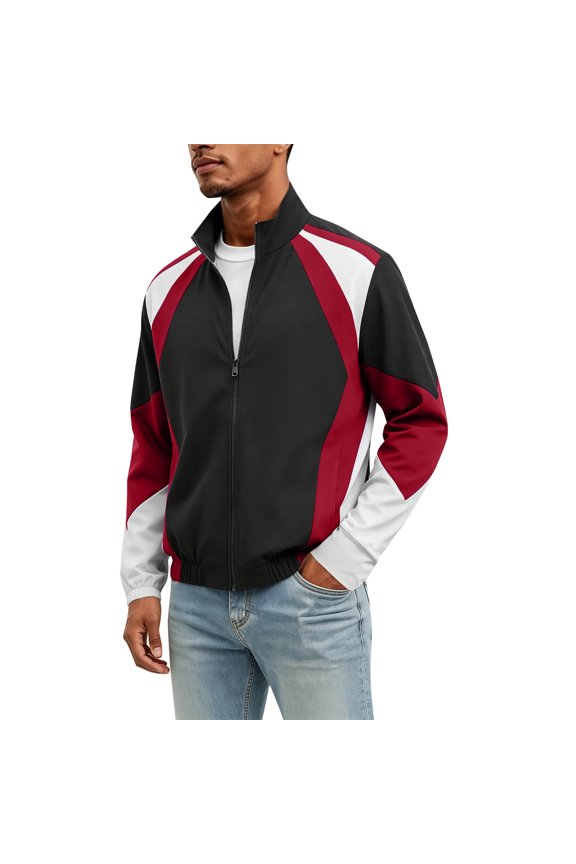 Mens Track Bomber Jacket Athletic Slim Short Stand Collar Full Zip Outer Coat, Ribbed Hem Cuffs Geometric Panel Design for Gym Runs Daily Commutes Red S