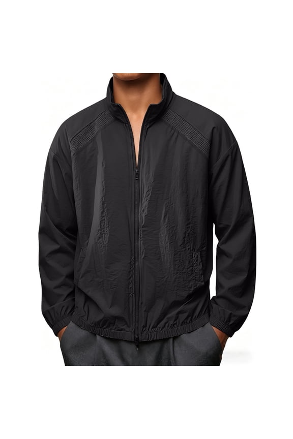 Mens Track Jacket Loose Short Stand Collar Mesh Panel Shoulder Zip Up Outer Coat, Elastic Hem Cuffs Breathable Weave for Jogging Neighborhood Strolls Black M