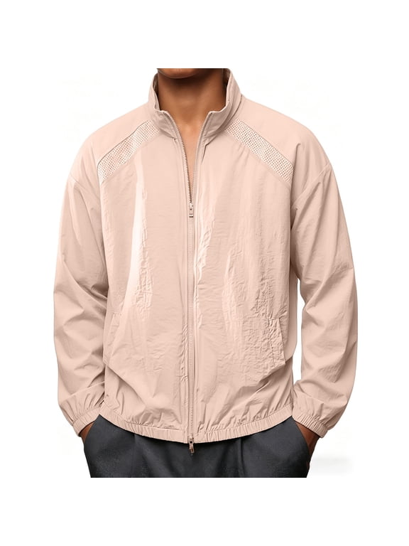 Mens Track Jacket Loose Short Stand Collar Mesh Panel Shoulder Zip Up Outer Coat, Elastic Hem Cuffs Breathable Weave for Jogging Neighborhood Strolls Pink M