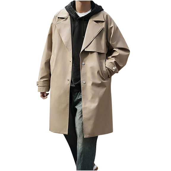 YLSDY Mens Trench Coat Long Full Length Notched Lapel Jacket Windbreaker Lightweight Button Coat 2025 Fall Winter Overcoat Khaki L