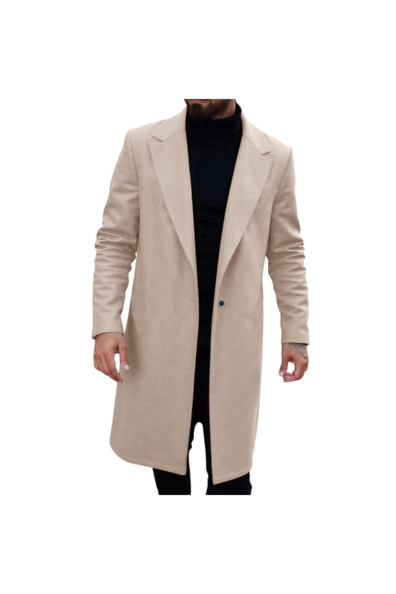 Mens Trench Coat Notched Collar Single Breasted Pea Coat Fall Winter Warm Loose Fit Overcoat Long Jacket Beige S