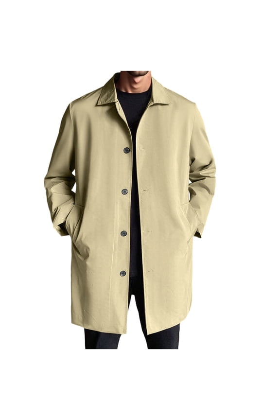 Mens Trench Coat Single Breasted Casual Slim Fit Windbreaker Lapel Lightweight Midi Jacket Overcoat with Pockets Beige S