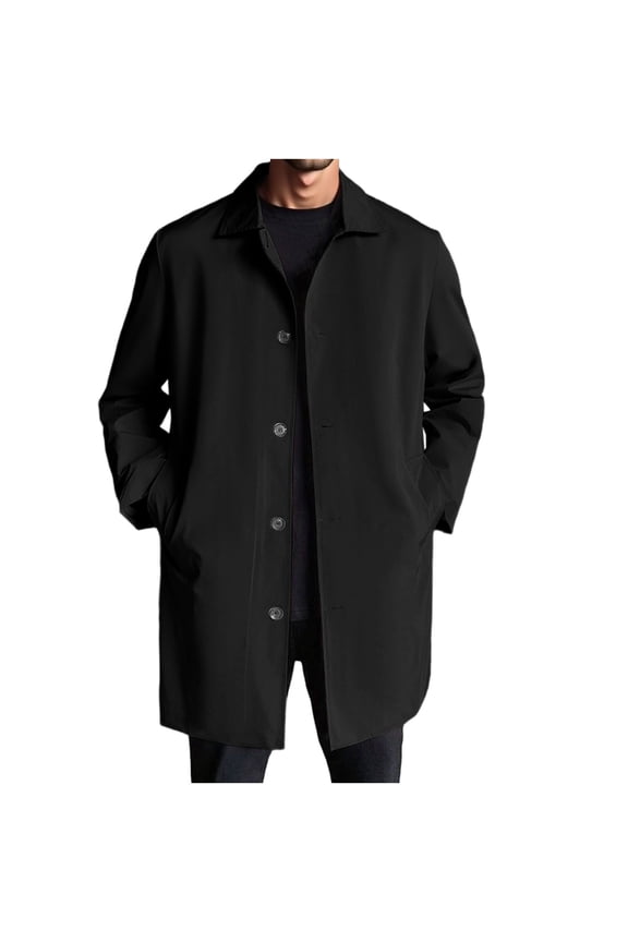 Mens Trench Coat Single Breasted Casual Slim Fit Windbreaker Lapel Lightweight Midi Jacket Overcoat with Pockets Black XS