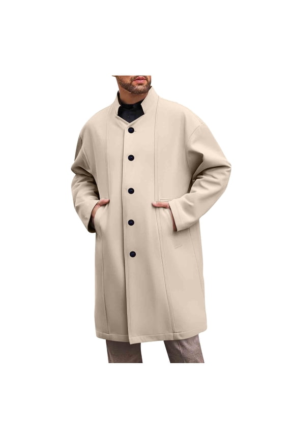 Mens Trench Coat Slim Fit Single Breasted Stand Collar Long Windbreaker Jacket Classic Lapel Casual Overcoat Khaki M