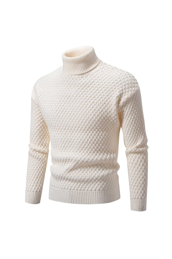 Mens Turtleneck Sweater Slim Fit Cable Knitted Casual Pullover Lightweight Ribbed Long Sleeve Sweaters White XXXL
