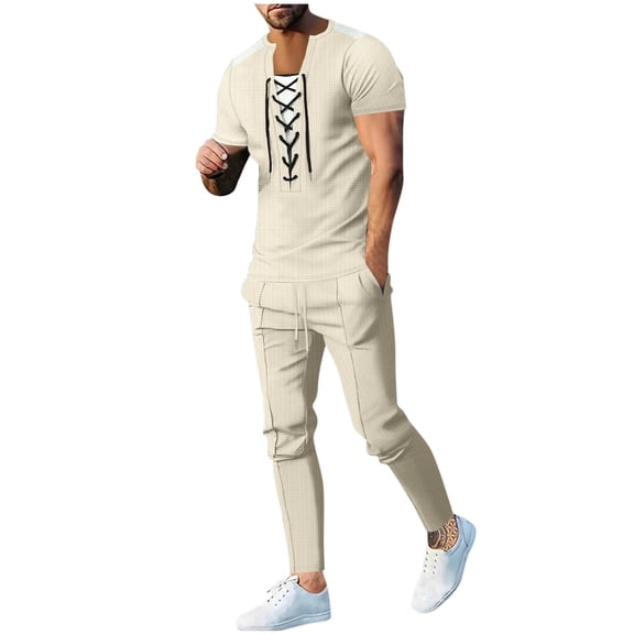 YLSDY Mens Two Piece Waffle Sets Lace Up Renaissance Shirts with Drawstring Long Pants Short Sleeve Color Block Viking Steampunk Pirate Shirt Khaki XXL