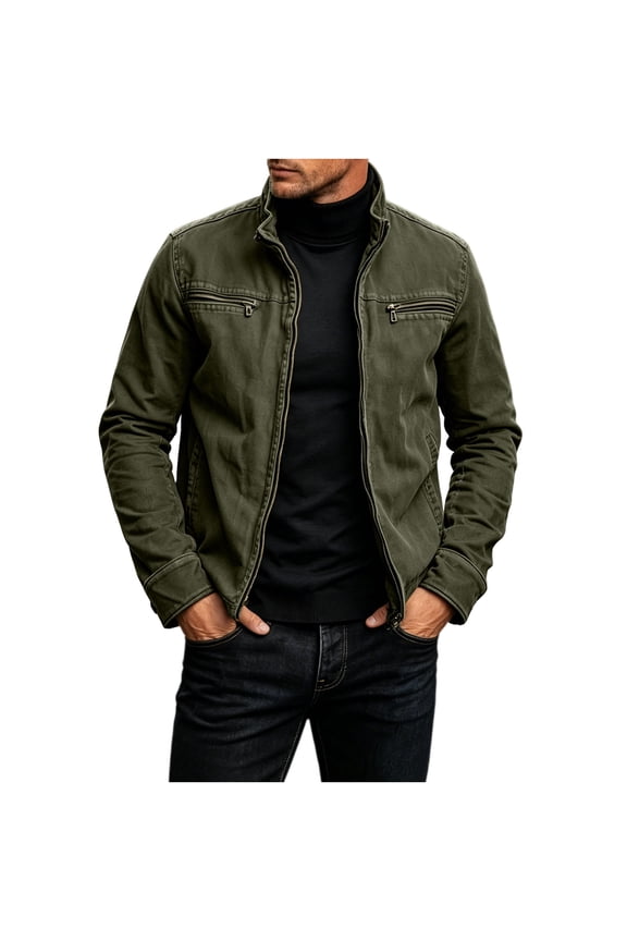 Mens Utility Jacket Standard Short Stand Collar Full Zip Outer Coat, Dual Zip Chest Compartments Side Slip Pockets for Weekend Errands Road Stops Army Green S