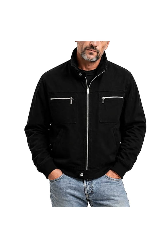 Mens Utility Jacket Standard Short Stand Collar Zip Outer Coat, Dual Chest Zip Pockets Ribbed Hem for Road Trips Camp Days Black S