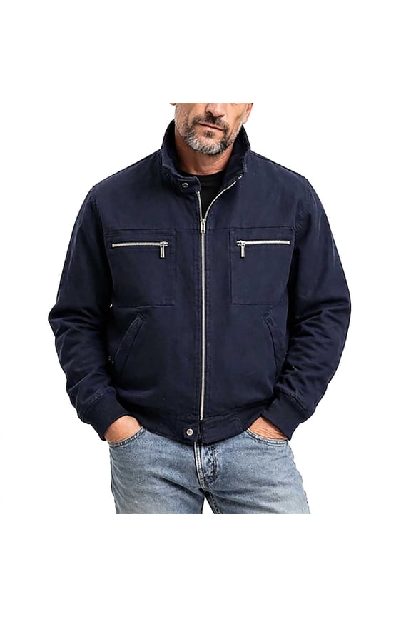 Mens Utility Jacket Standard Short Stand Collar Zip Outer Coat, Dual Chest Zip Pockets Ribbed Hem for Road Trips Camp Days Navy L