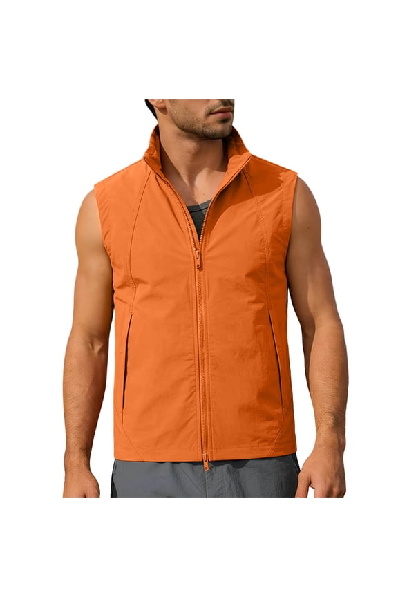 Mens Vest Jacket Regular Short Stand Collar Full Zip Outer Coat, Dual Side Zip Pockets Wrinkle Resistant Cut for Jogging Gym Training Orange S