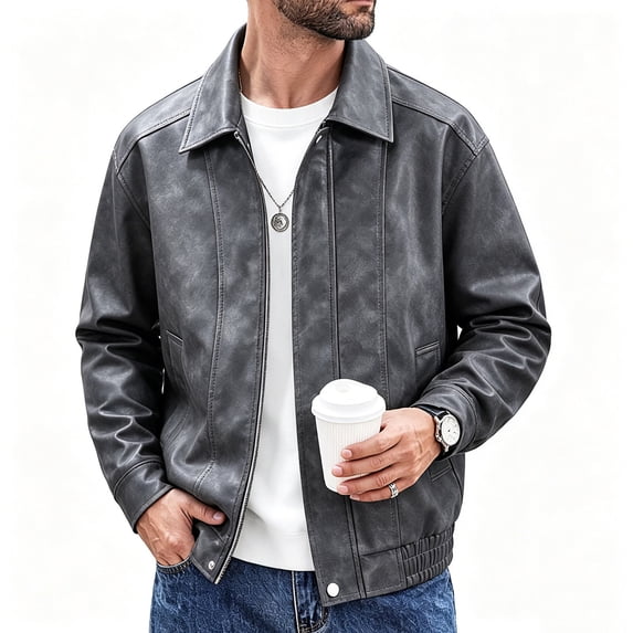 YLSDY Mens Vintage Washed Faux Leather Lapel Bomber Jacket Snap Button Hem Relax Fit Outerwear for Retro Street Style Casual Fall Daily Outfits Gray XXL
