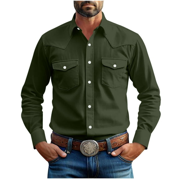 YLSDY Mens Western Cowboy Shirts Button Up Shirts Vintage Collared Long Sleeve Work Shirts for Men with Two Pockets Bronze S
