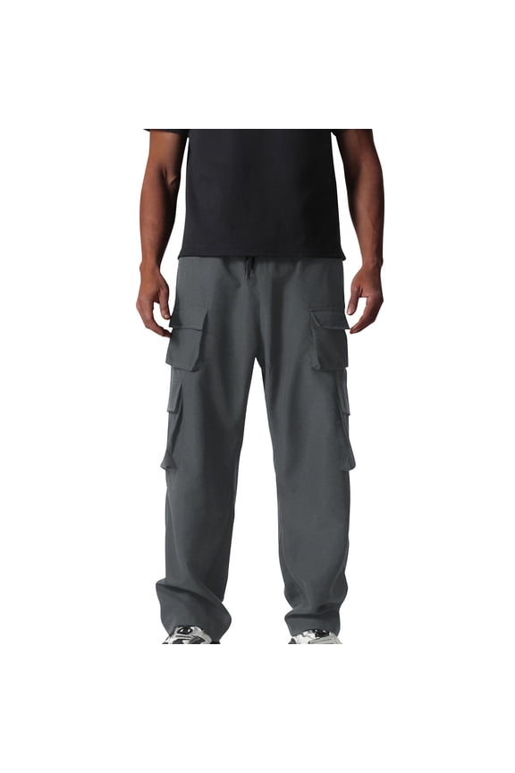 Mens Wide Leg Cargo Pants Baggy Drawstring Elastic Waist Lounge Workout Hiking Sweatpants with Multi Pockets Gray S