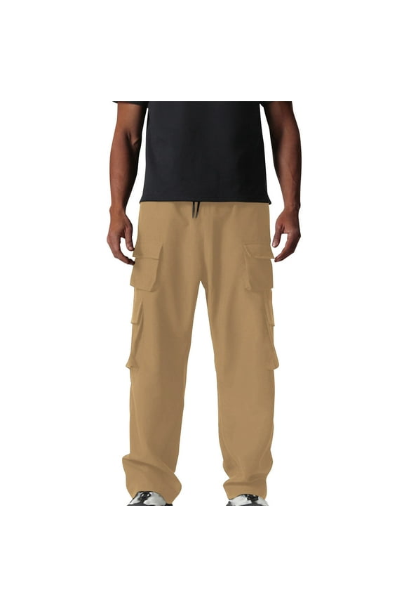 Mens Wide Leg Cargo Pants Baggy Drawstring Elastic Waist Lounge Workout Hiking Sweatpants with Multi Pockets Khaki S