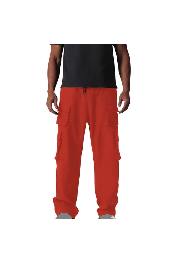 Mens Wide Leg Cargo Pants Baggy Drawstring Elastic Waist Lounge Workout Hiking Sweatpants with Multi Pockets Orange S