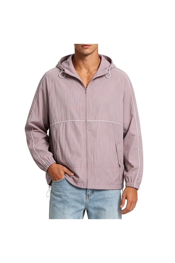 Mens Wind Jacket Loose Short Hooded Raglan Full Zip Outer Coat, Contrast Stitch Panel Hidden Side Pockets for Neighborhood Strolls Picnic Visits Purple XXXXL