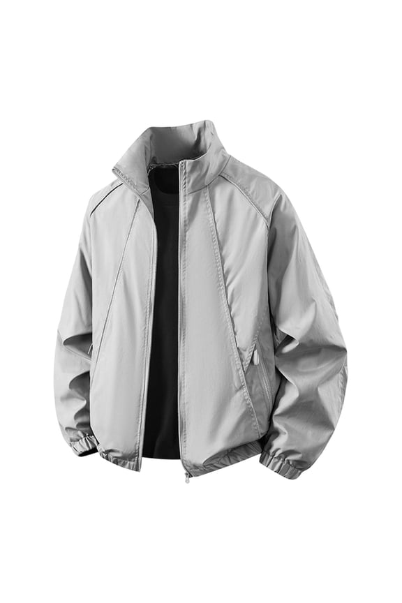 Mens Wind Jacket Regular Short Stand Collar Raglan Zip Outer Coat, Stitched Split Seams Slip Side Pockets Wrinkle Resistant Build for Office Visits Short Excursions Gray XXXXL