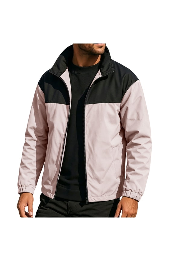 Mens Wind Jacket Standard Short Stand Collar Color Block Zip Outer Coat, Elastic Cuff Hem Side Slip Pockets for Daily Errands Local Walks Pink XL
