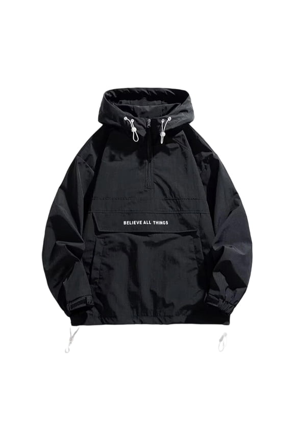 Mens Wind Shell Jacket Slim Short Half Zip Hooded Drawstring Outer Coat, Large Front Cargo Pocket Letter Print for Coastal Trails Picnic Visits Black M