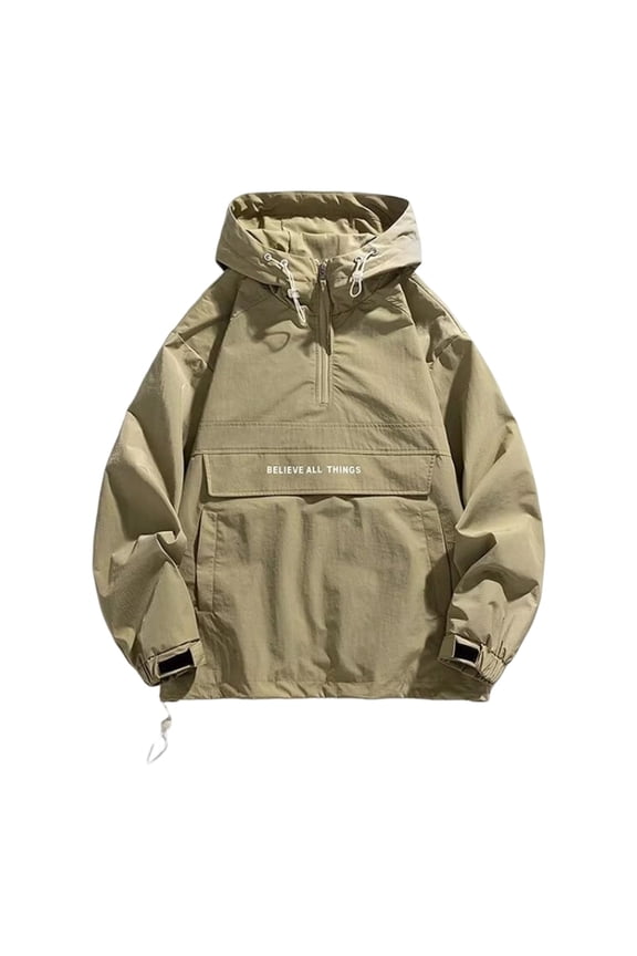 Mens Wind Shell Jacket Slim Short Half Zip Hooded Drawstring Outer Coat, Large Front Cargo Pocket Letter Print for Coastal Trails Picnic Visits Green XXL