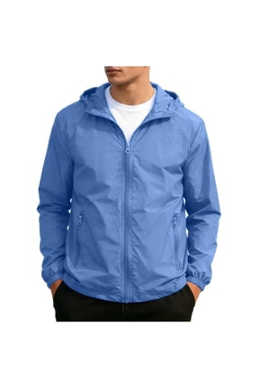 Mens Wind Shell Jacket Standard Fit Short Hooded Full Zip Outer Coat, Elastic Cuff Hem Packable Construction for Backyard Hikes Coastal Excursions Blue S
