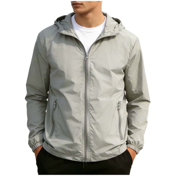 YLSDY Mens Wind Shell Jacket Standard Fit Short Hooded Full Zip Outer Coat, Elastic Cuff Hem Packable Construction for Backyard Hikes Coastal Excursions Gray XL